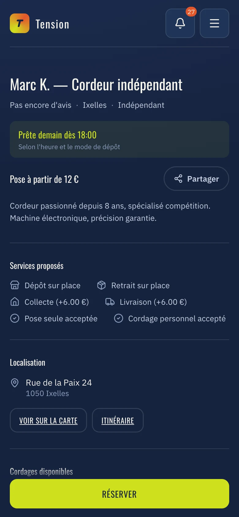 Disponibilité réelle d’un cordeur affichée avant réservation sur Tension.