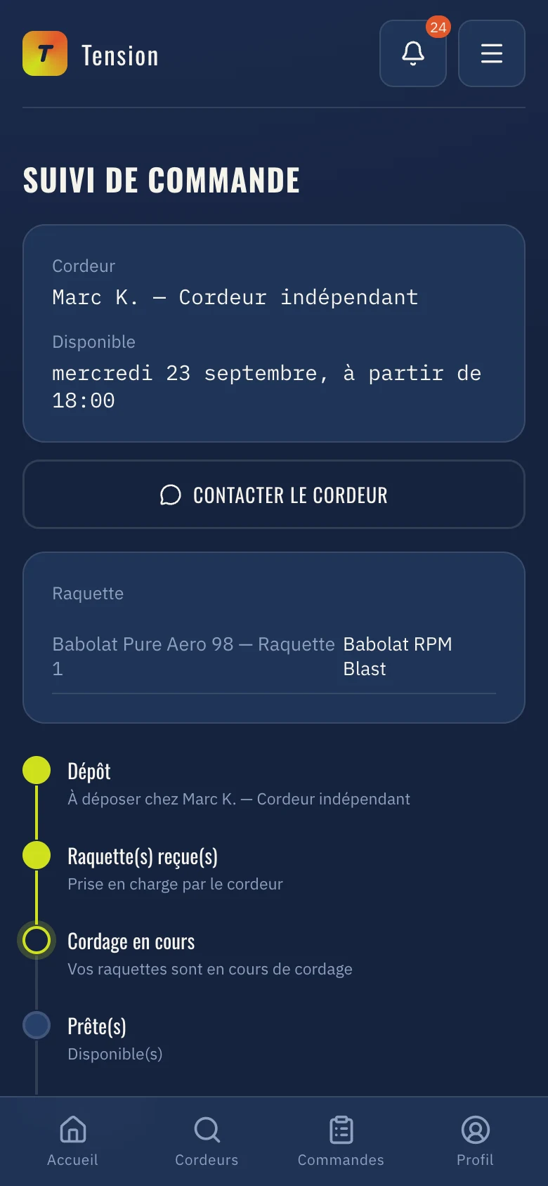 Suivi d’une raquette sur l’application Tension : étapes du cordage jusqu’à la notification finale.