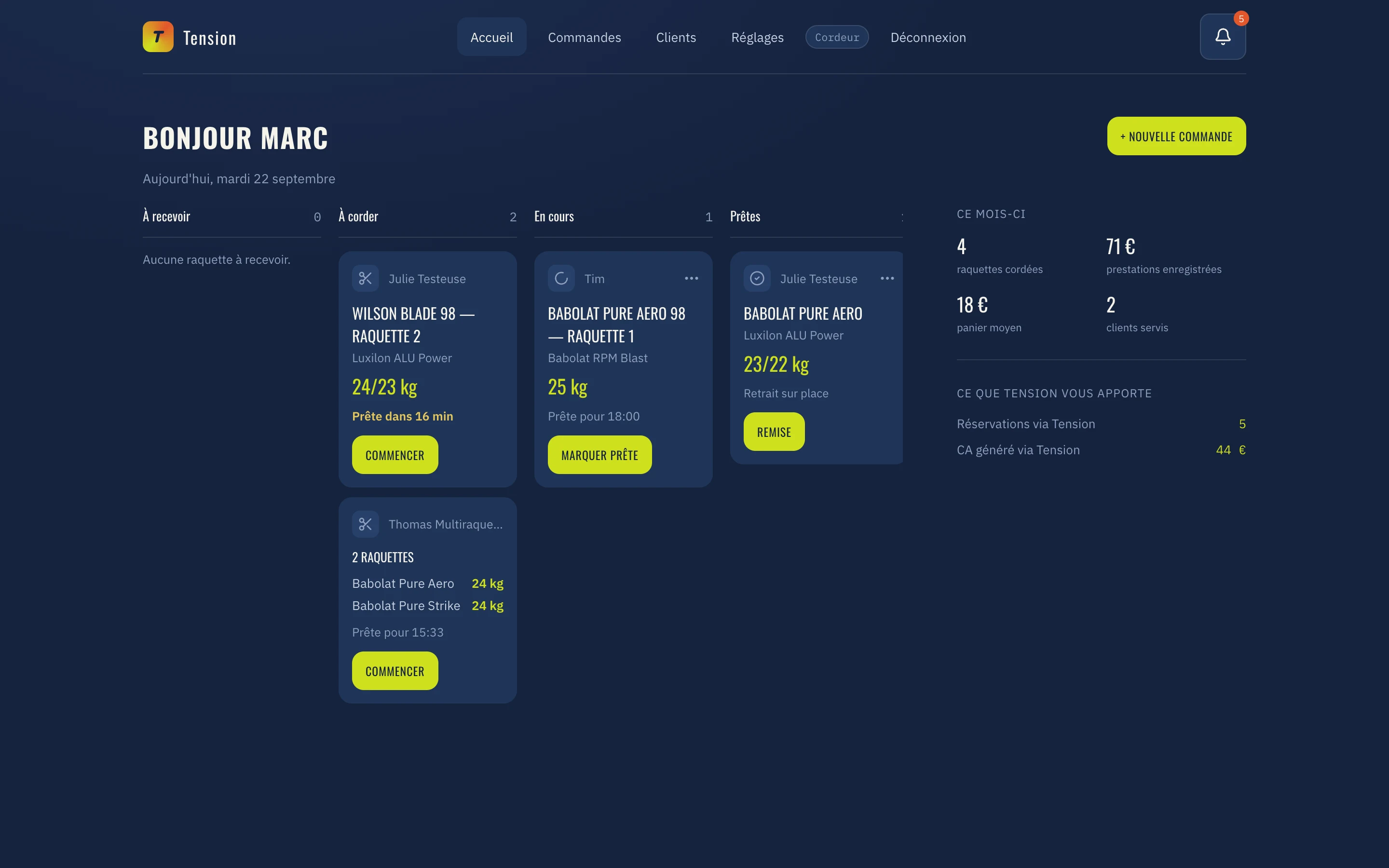 Tableau de bord de l’atelier Tension Pro dans la web app desktop : commandes à recevoir, à corder, en cours et prêtes.