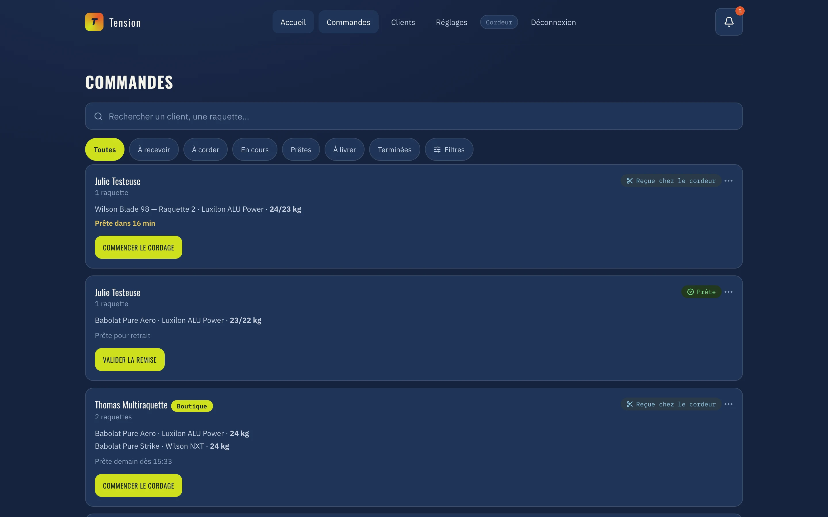 Vue d’ensemble des commandes de l’atelier dans la web app desktop de Tension Pro.