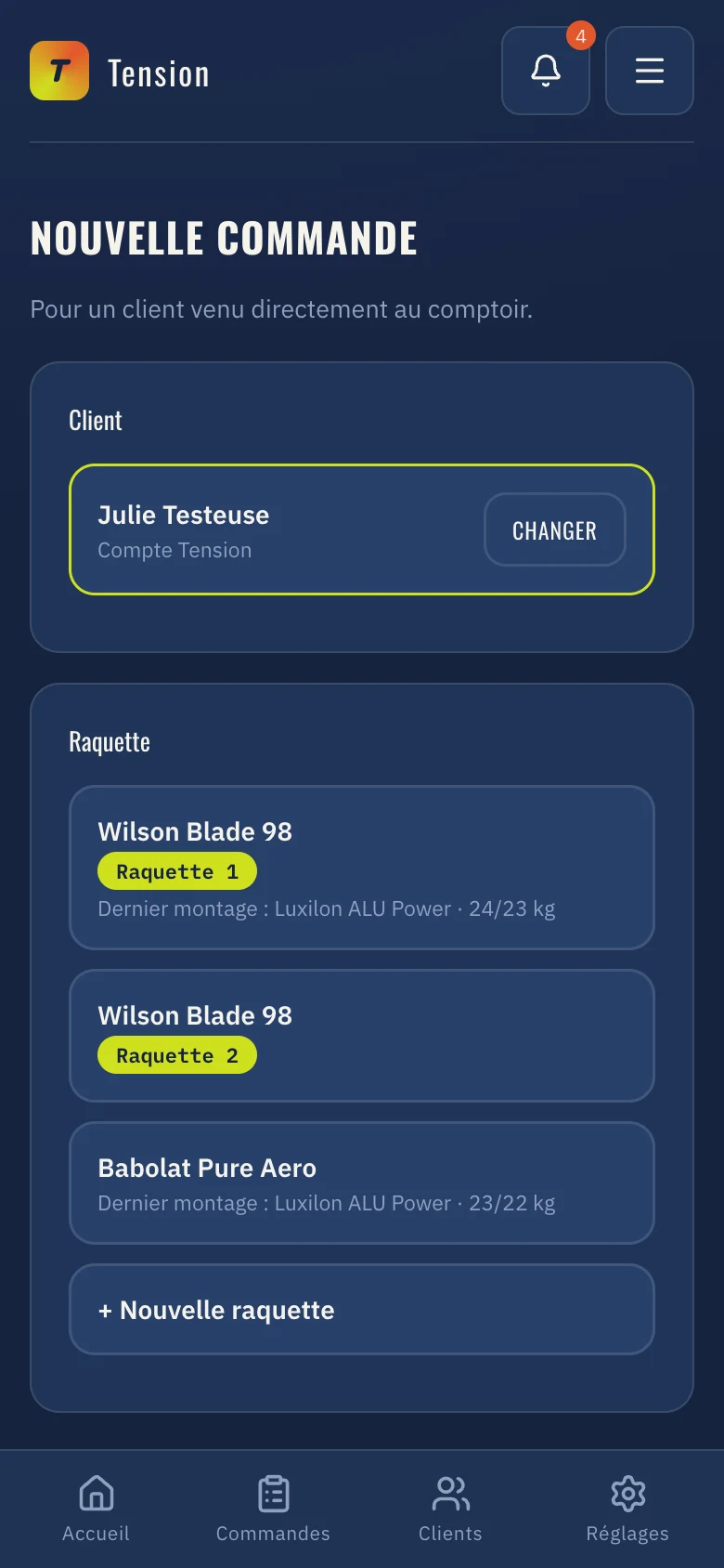 Création d’une nouvelle commande dans Tension Pro : sélection du client, de la raquette et reprise du dernier montage.